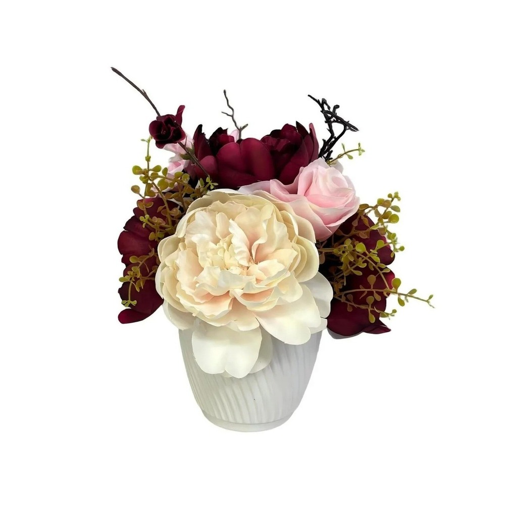 My Texas House Red and Pink Artificial Rose Floral Arrangement in White Pot